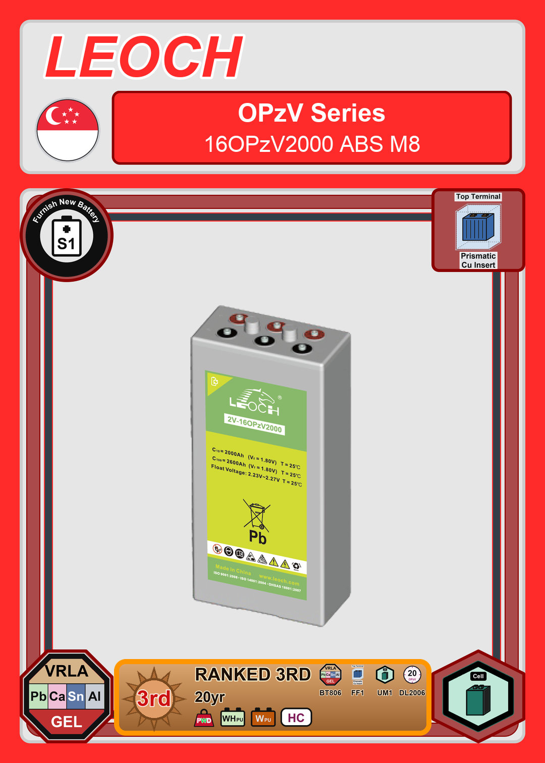 Furnish New Battery Leoch Battery OPzV Series 16OPzV2000 ABS M8