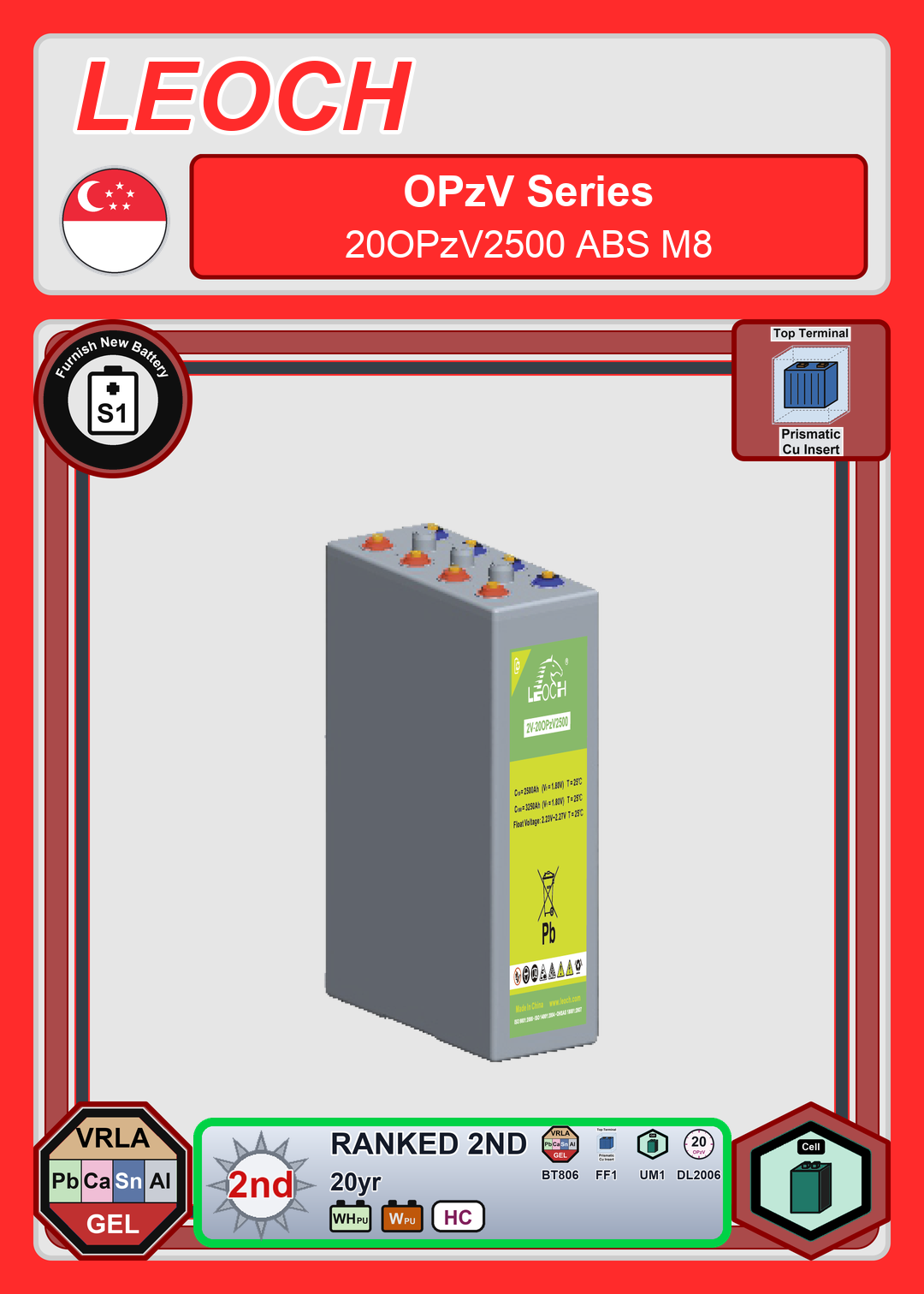 Furnish New Battery Leoch Battery OPzV Series 20OPzV2500 ABS M8