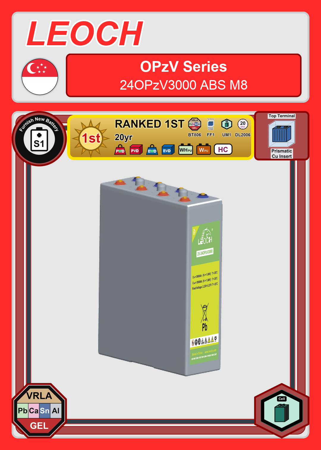 Furnish New Battery Leoch Battery OPzV Series 24OPzV3000 ABS M8