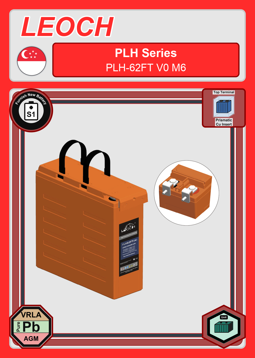 Furnish New Battery Leoch Battery PLH Series PLH 62FT V0 M6