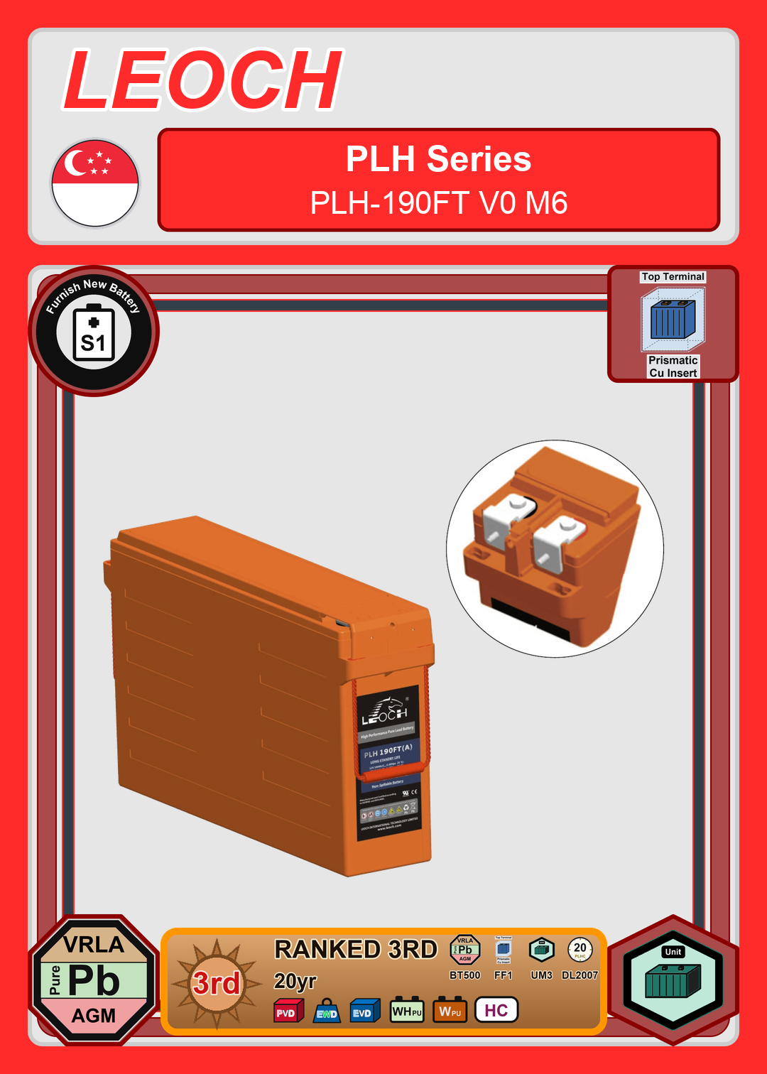 Furnish New Battery Leoch Battery PLH Series PLH 190FT V0 M6