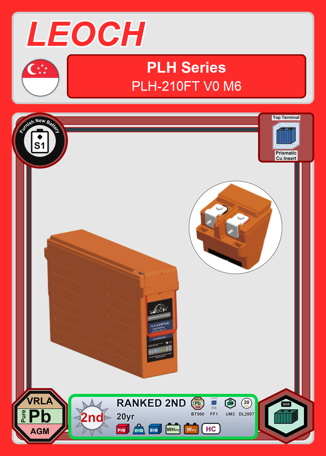 Furnish New Battery Leoch Battery PLH Series PLH 210FT V0 M6