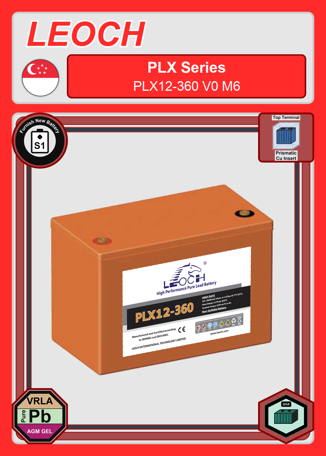 Furnish New Battery Leoch Battery PLX Series PLX12 360 V0 M6