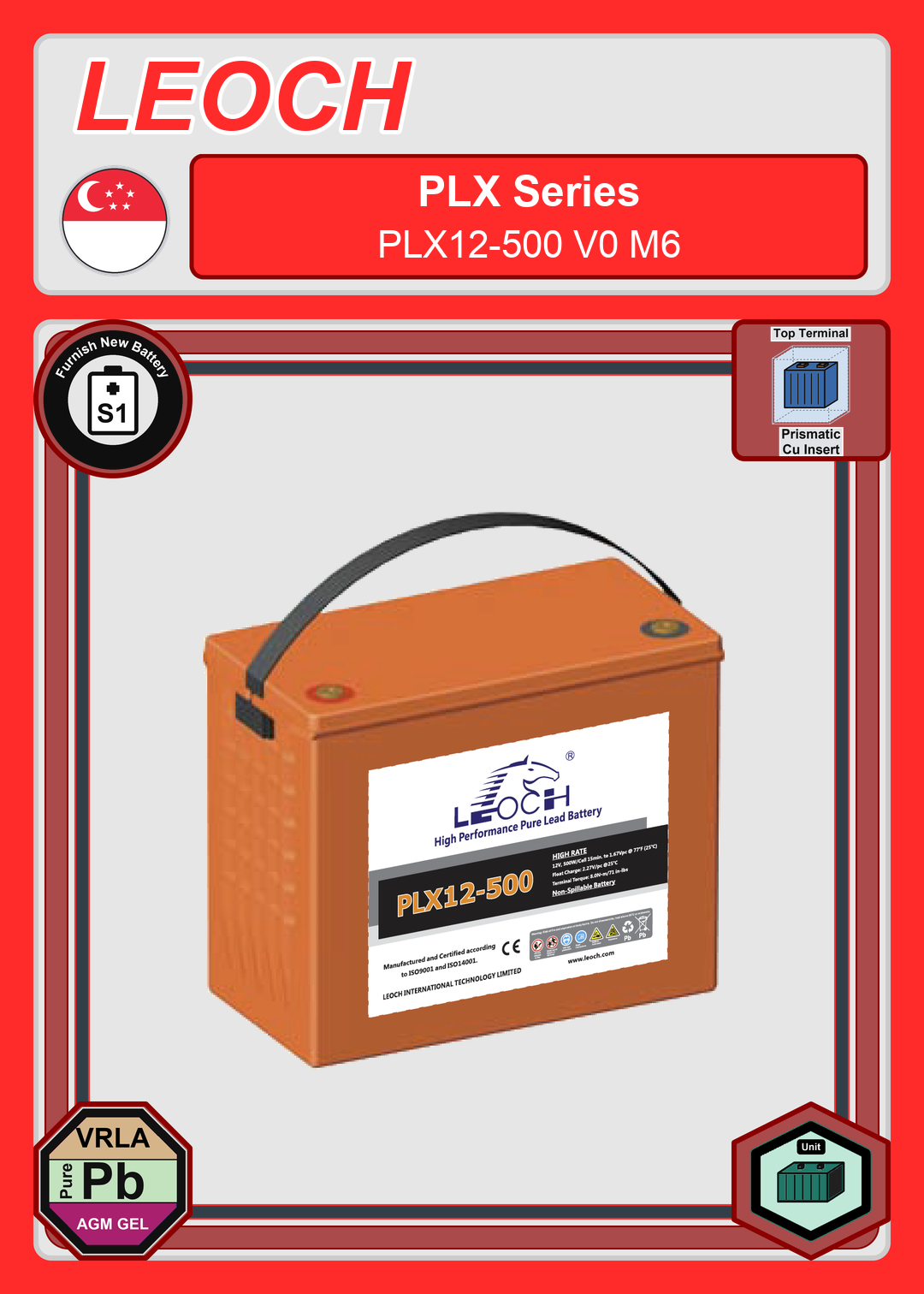 Furnish New Battery Leoch Battery PLX Series PLX12 500 V0 M6