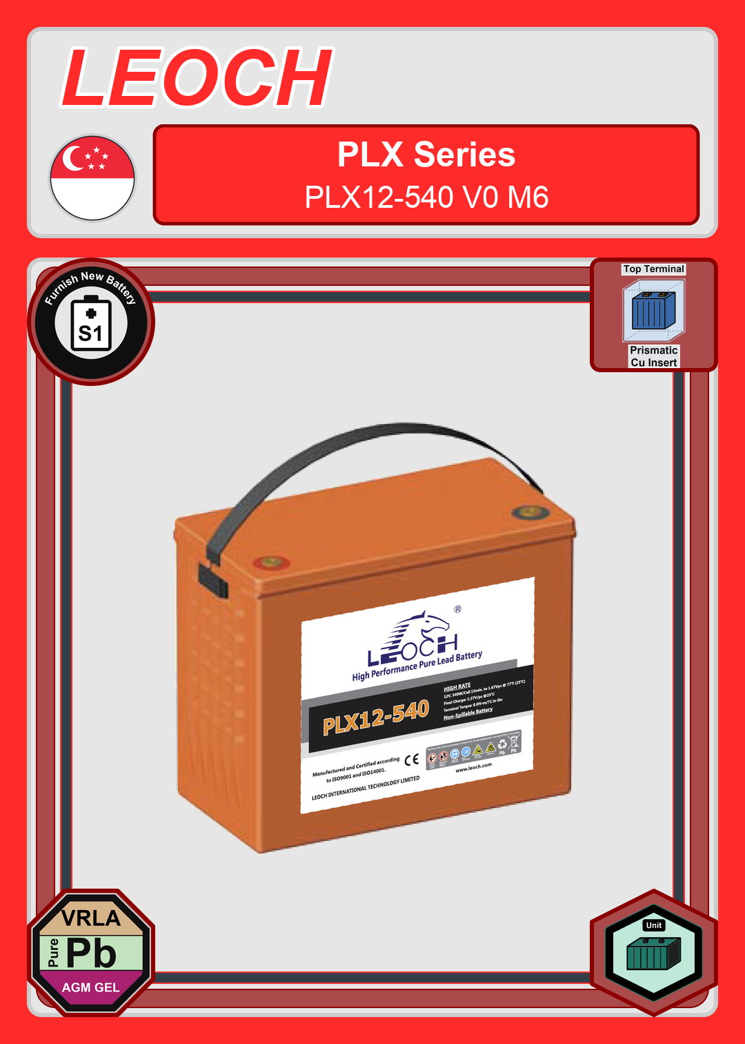 Furnish New Battery Leoch Battery PLX Series PLX12 540 V0 M6