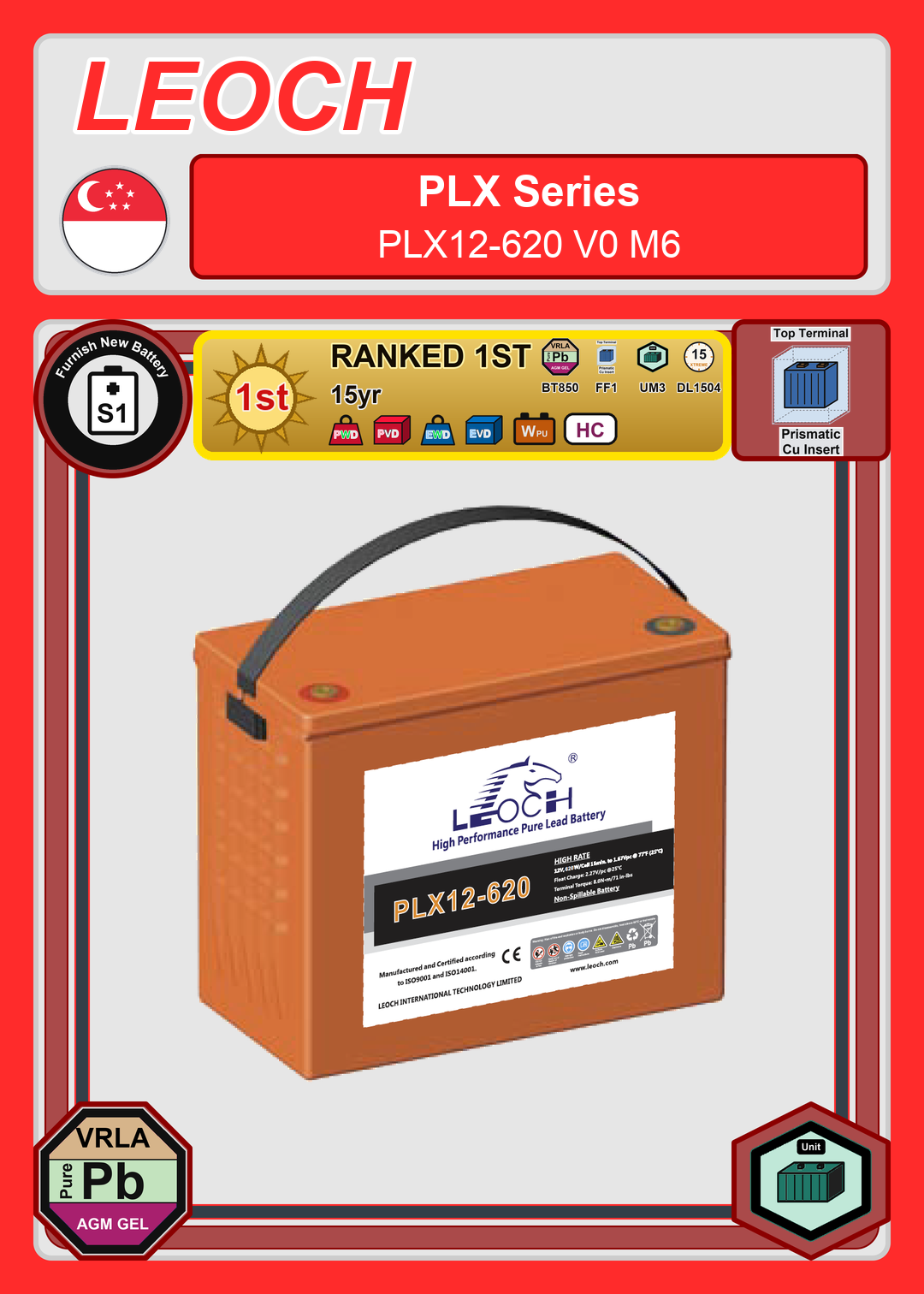 Furnish New Battery Leoch Battery PLX Series PLX12 620 V0 M6
