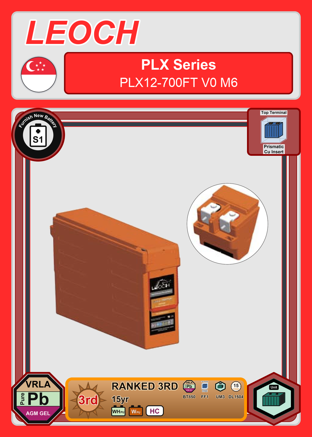Furnish New Battery Leoch Battery PLX Series PLX12 700FT V0 M6