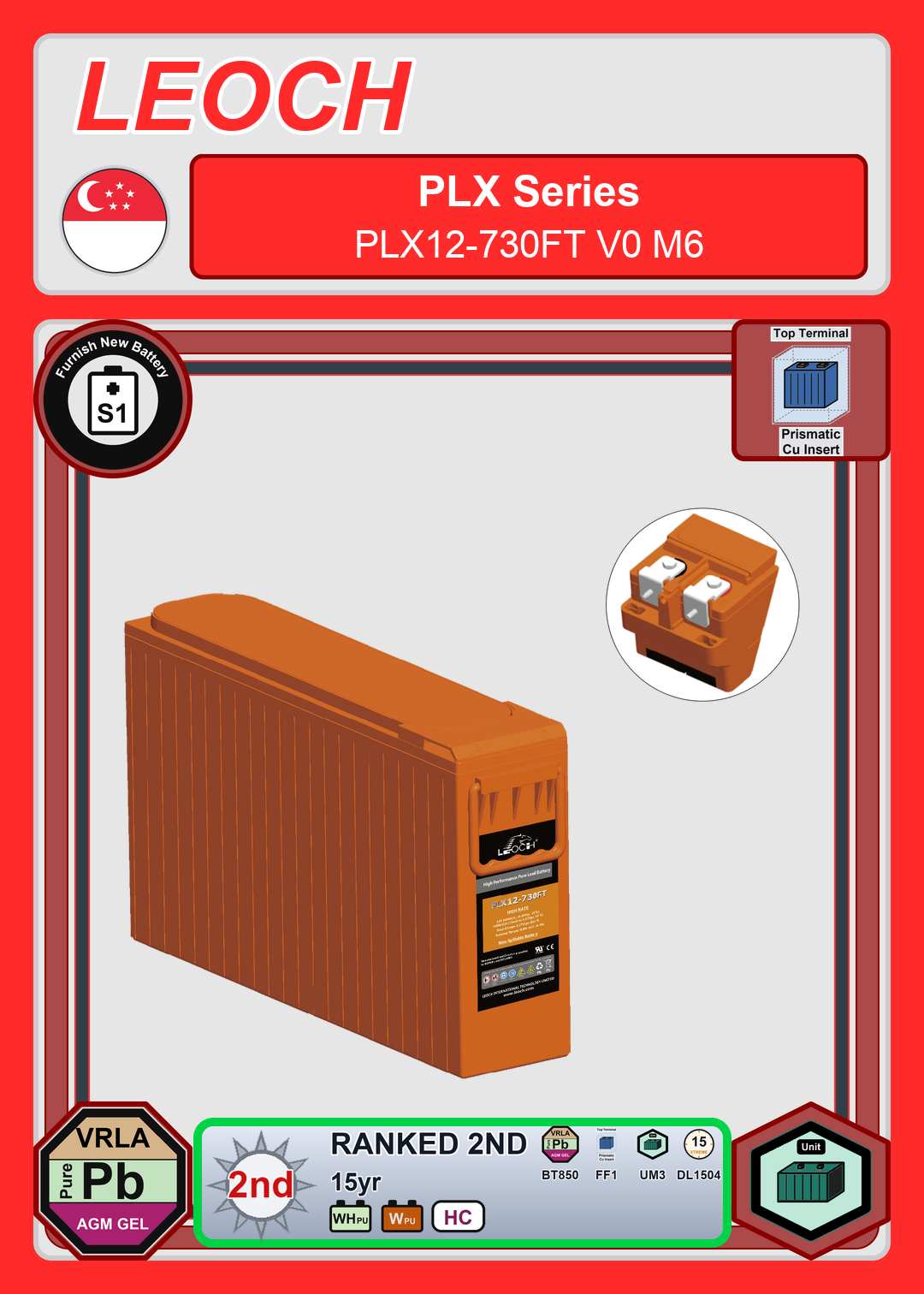 Furnish New Battery Leoch Battery PLX Series PLX12 730FT V0 M6