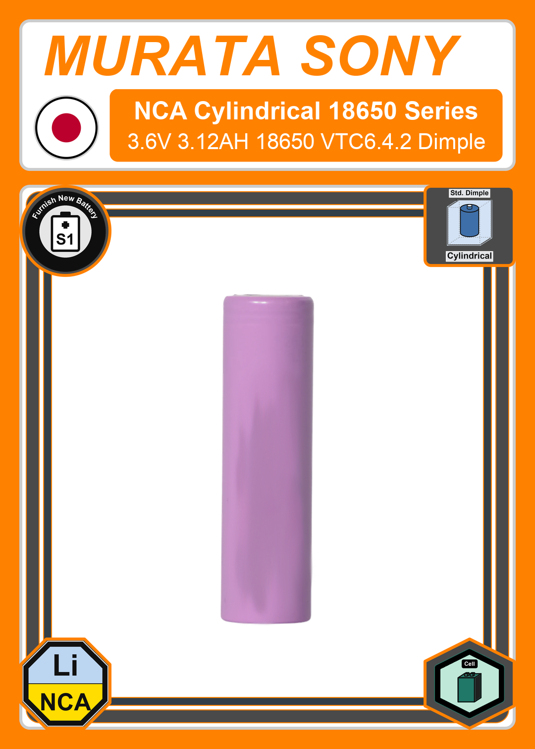 Furnish New Battery Murata Sony Cylindrical 18650 Series 3 6V 3 12AH 18650 VTC6 4 2 Dimple