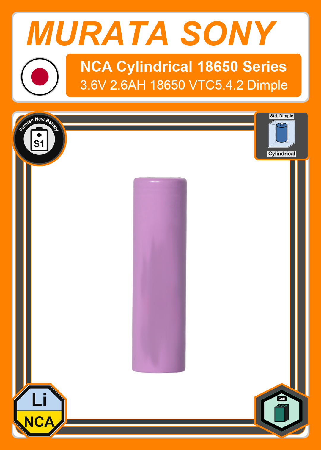 Furnish New Battery Murata Sony Cylindrical 18650 Series 3 6V 2 6AH 18650 VTC5 4 2 Dimple