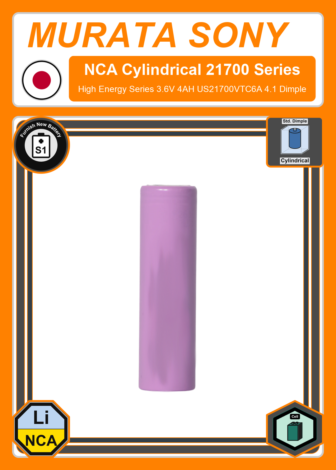 Furnish New Battery Murata Sony Cylindrical 21700 High Energy Series 3 6V 4AH US21700VTC6A 4 1 Dimple