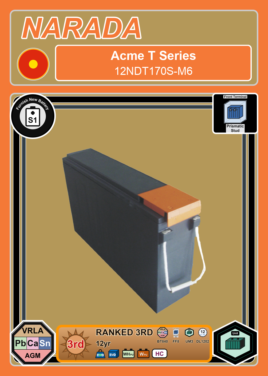 Furnish New Battery Narada Acme T Series 12NDT170S M6