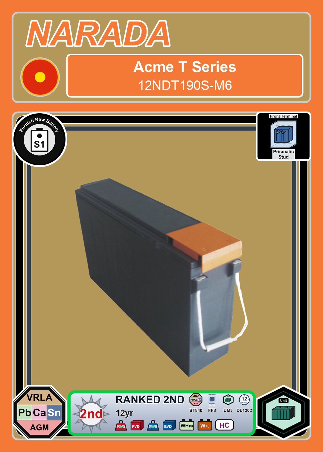 Furnish New Battery Narada Acme T Series 12NDT190S M6