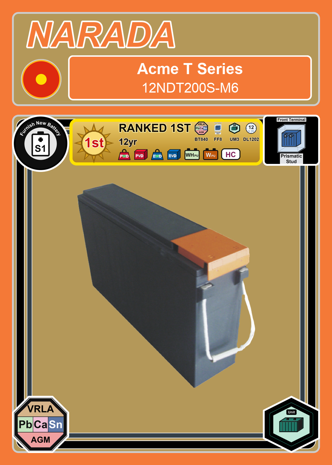 Furnish New Battery Narada Acme T Series 12NDT200S M6