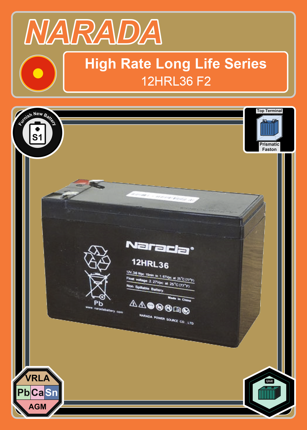 Furnish New Battery Narada High Rate Series 12HRL36 F2
