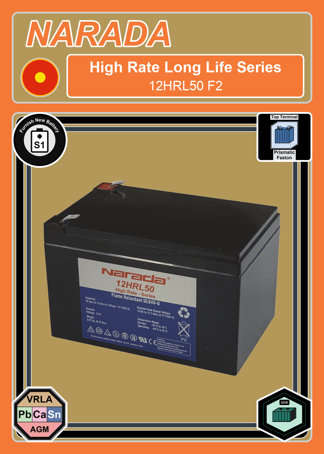 Furnish New Battery Narada High Rate Series 12HRL50 F2