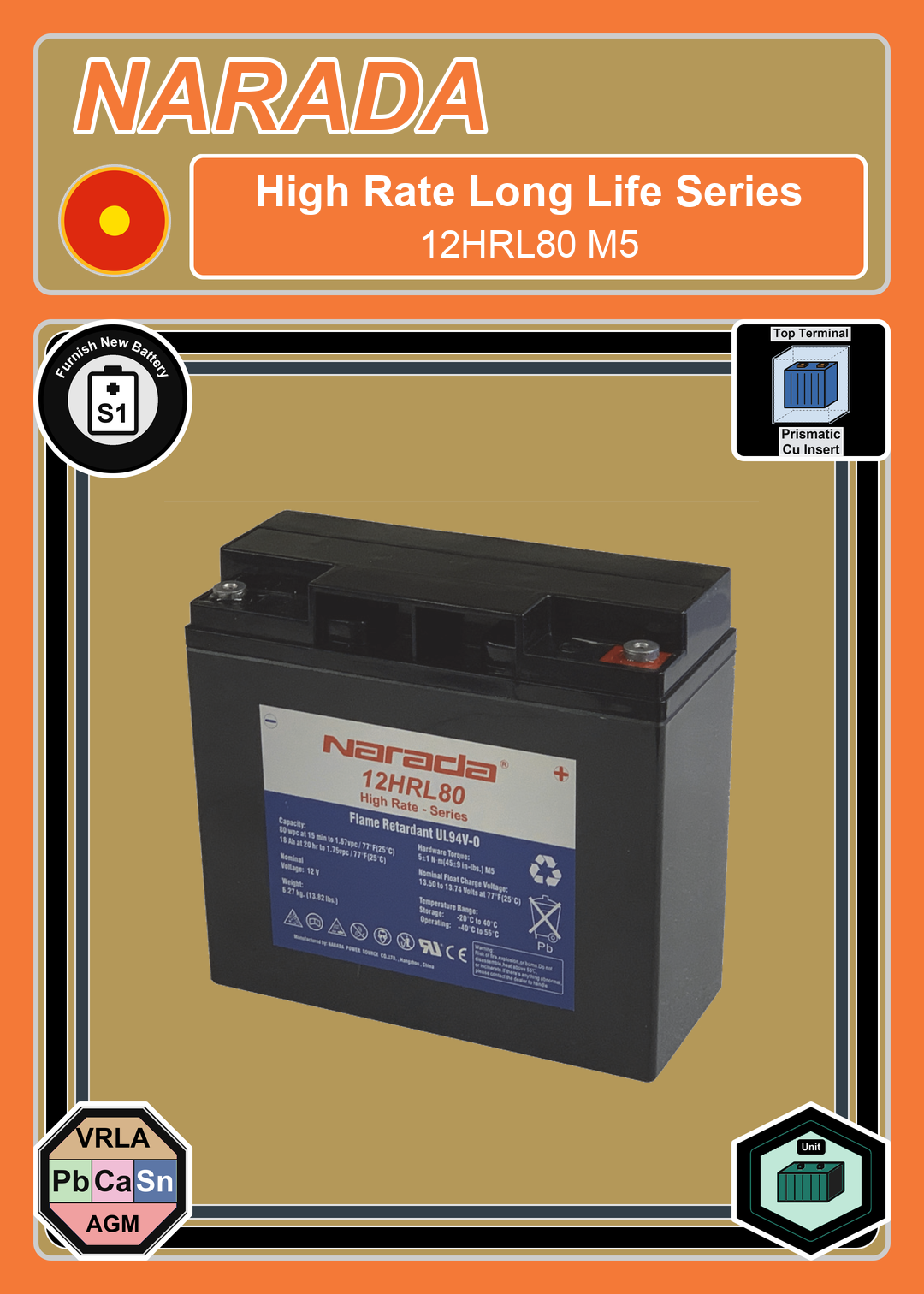 Furnish New Battery Narada High Rate Series 12HRL80 M5