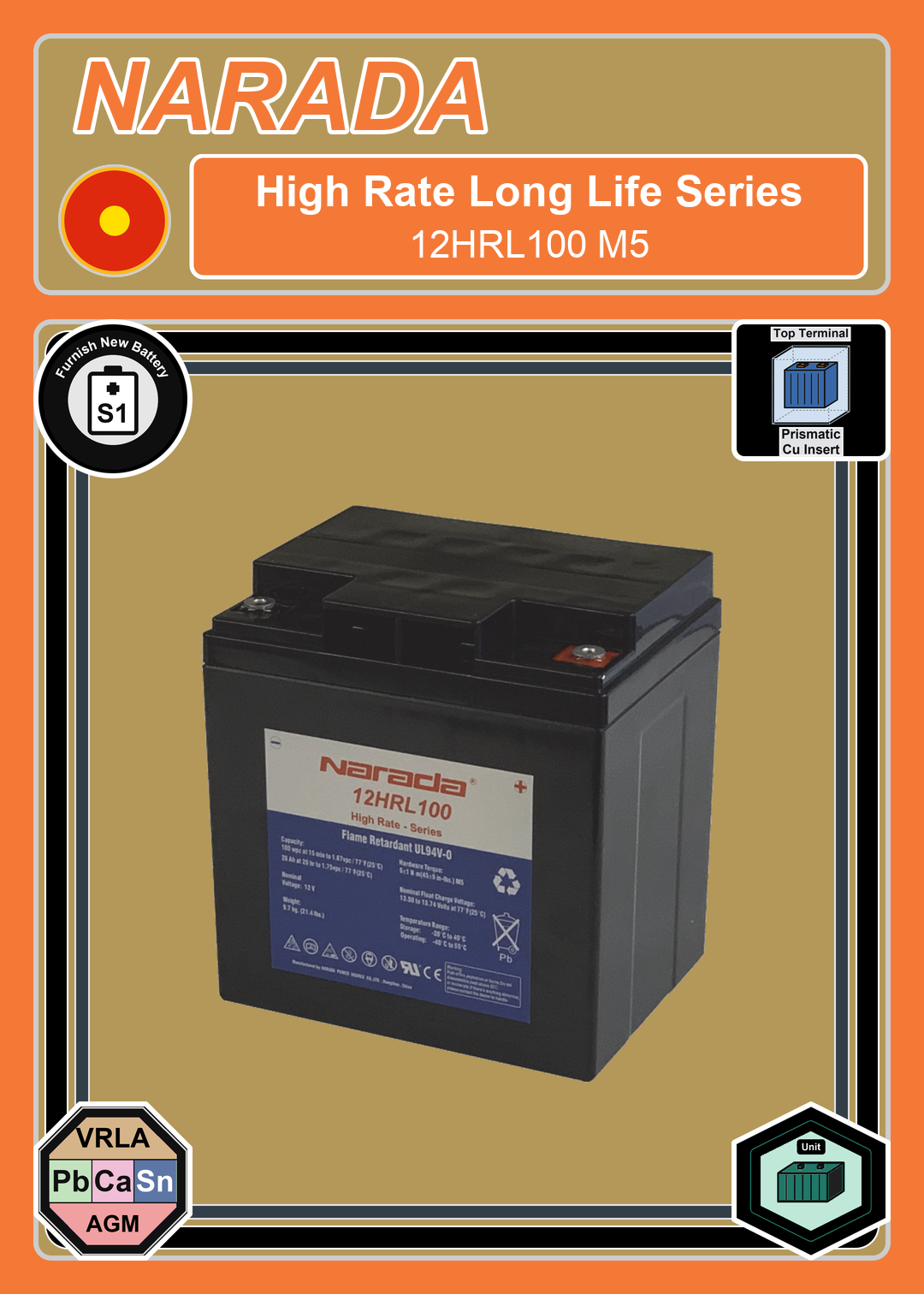 Furnish New Battery Narada High Rate Series 12HRL100 M5