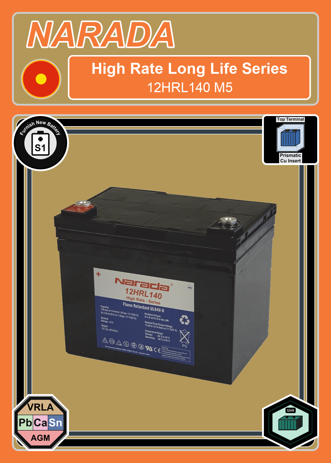 Furnish New Battery Narada High Rate Series 12HRL140 M5