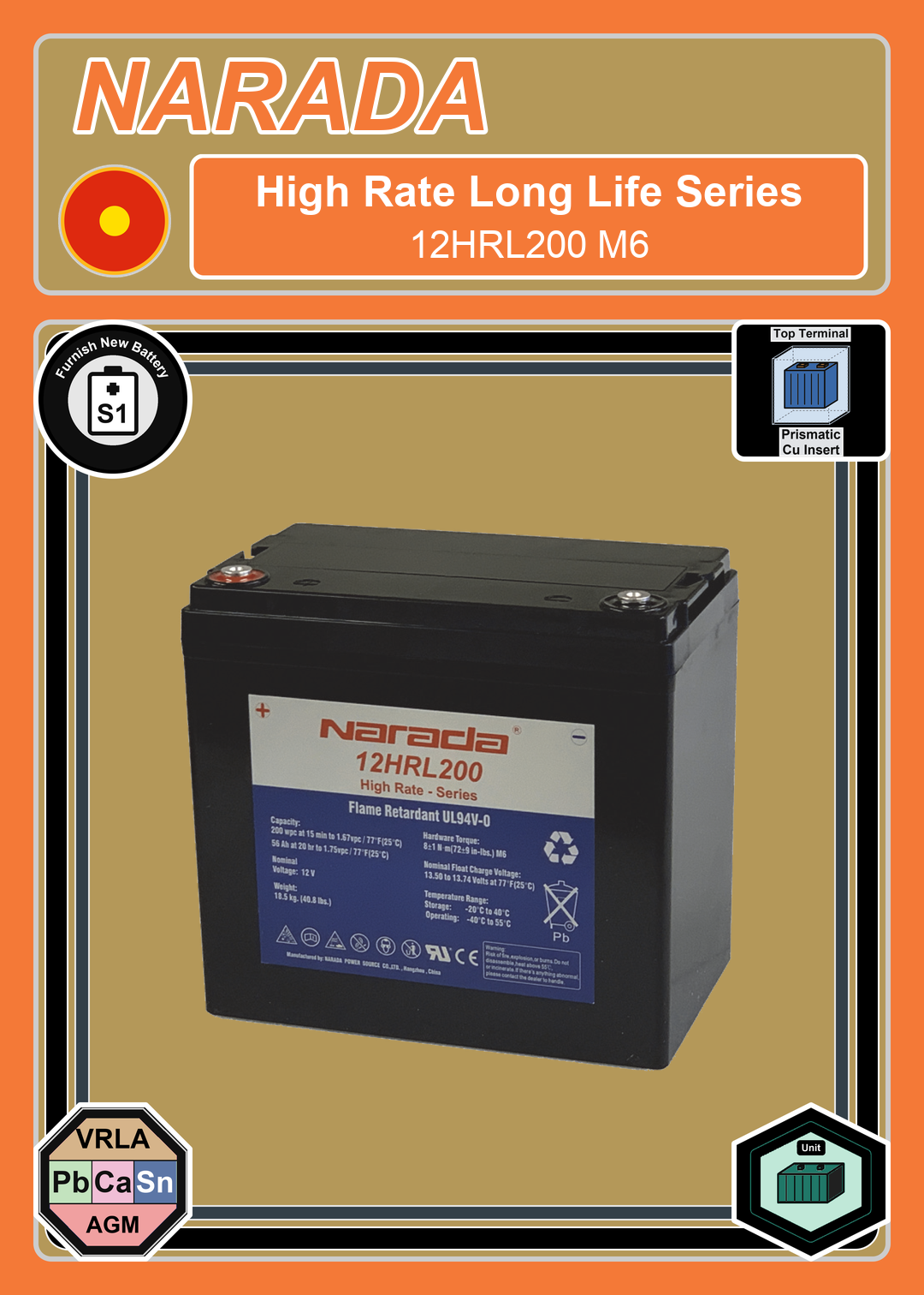 Furnish New Battery Narada High Rate Series 12HRL200 M6