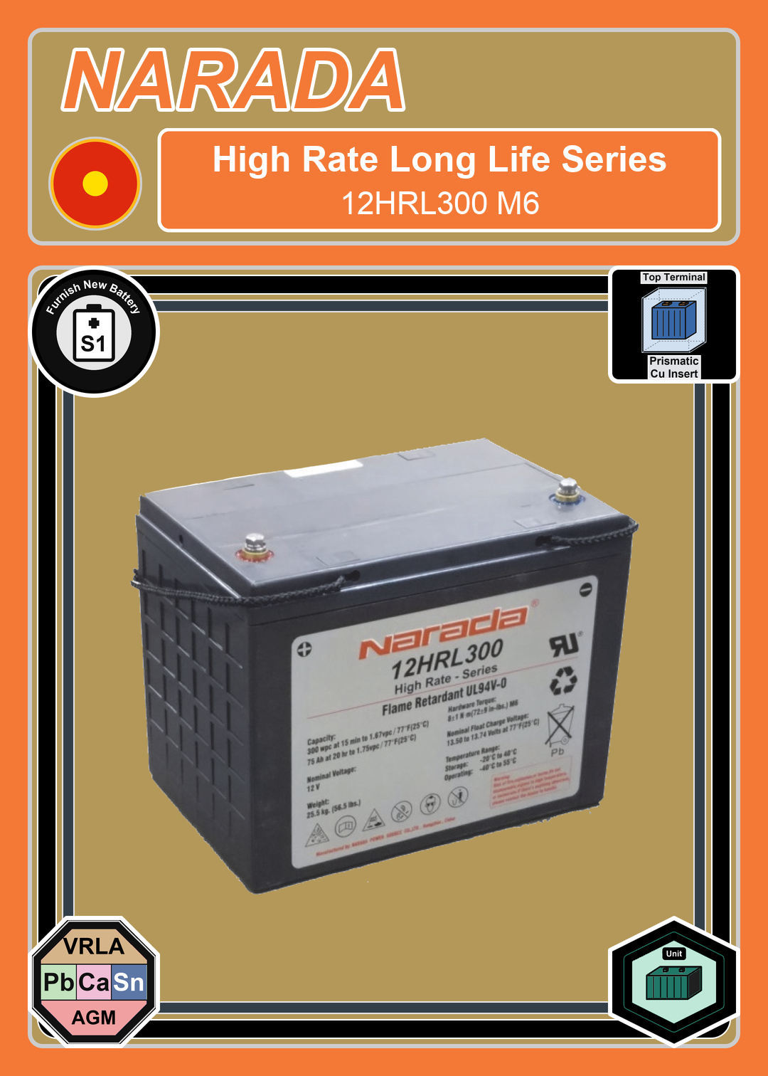 Furnish New Battery Narada High Rate Series 12HRL300 M6