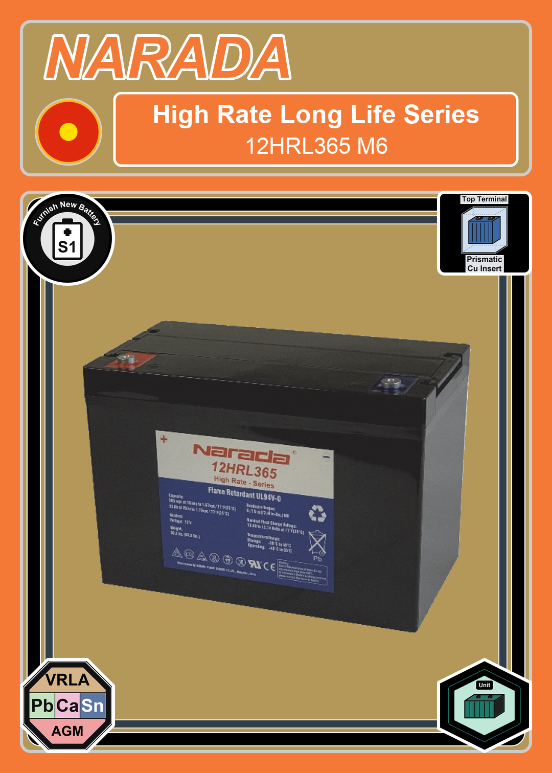 Furnish New Battery Narada High Rate Series 12HRL365 M6