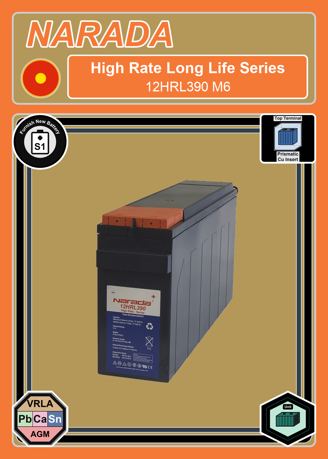 Furnish New Battery Narada High Rate Series 12HRL390 M6