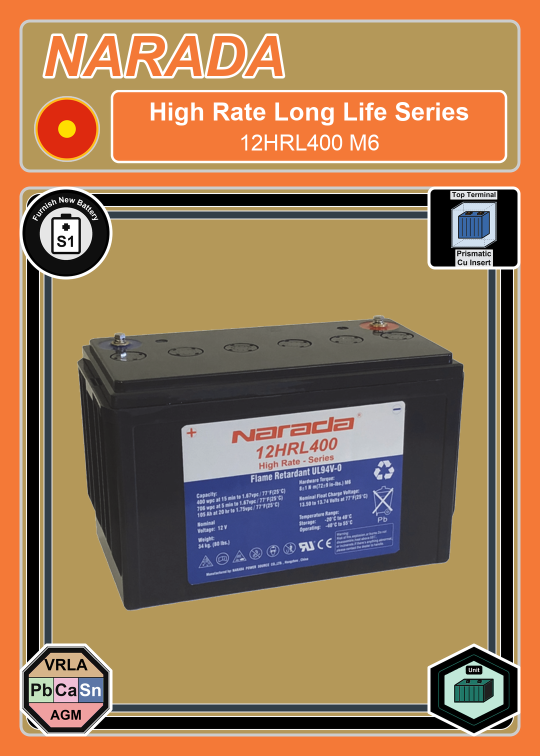 Furnish New Battery Narada High Rate Series 12HRL400 M6