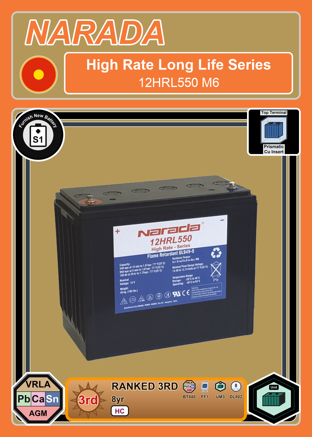 Furnish New Battery Narada High Rate Series 12HRL550 M6