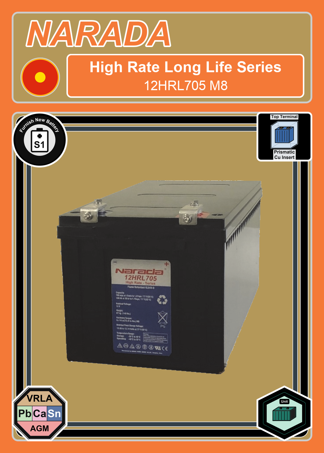 Furnish New Battery Narada High Rate Series 12HRL705 M8