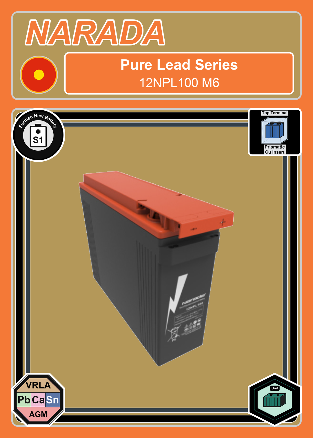 Furnish New Battery Narada Pure Lead Series 12NPL100 M6