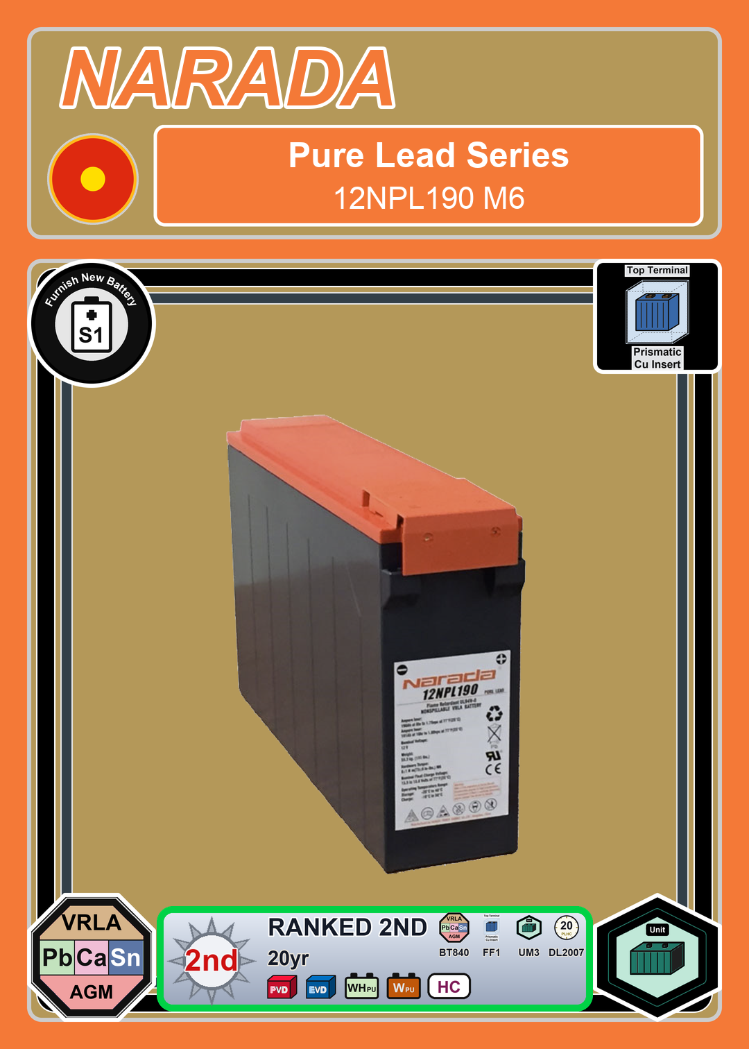 Furnish New Battery Narada Pure Lead Series 12NPL190 M6