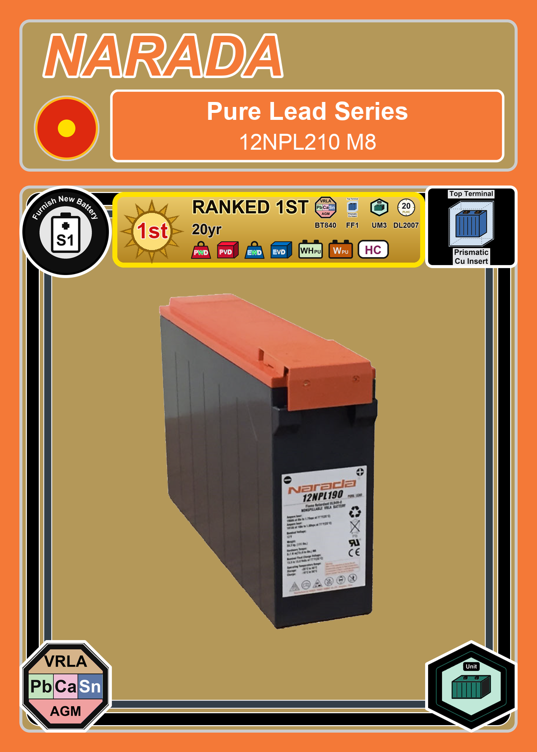 Furnish New Battery Narada Pure Lead Series 12NPL210 M8