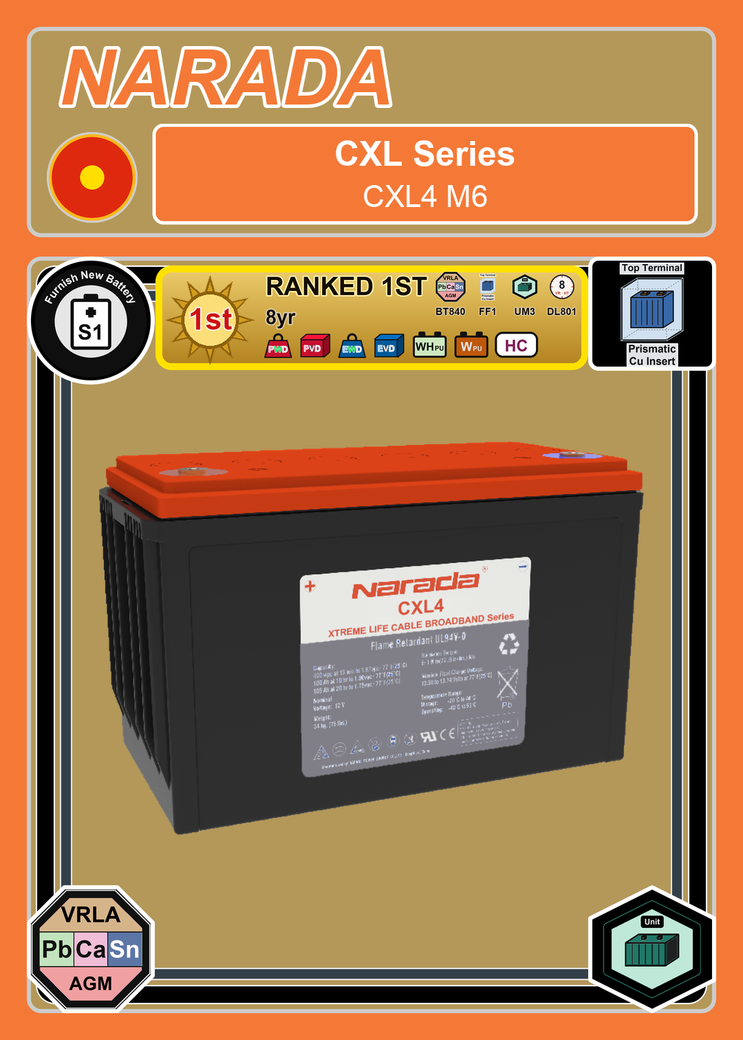 Furnish New Battery Narada CXL Series CXL4 M6
