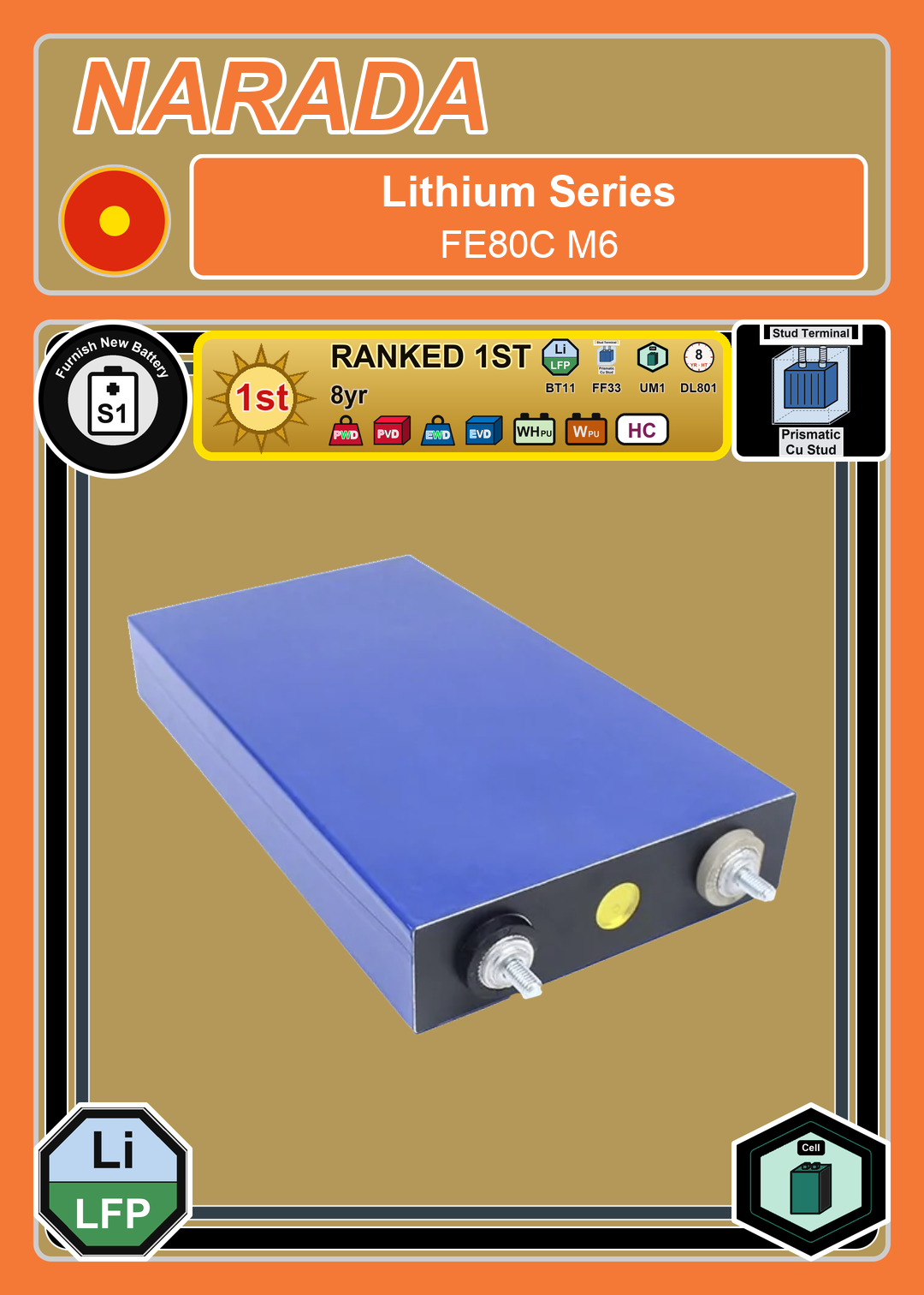 Furnish New Battery Narada Lithium Series FE80C M6