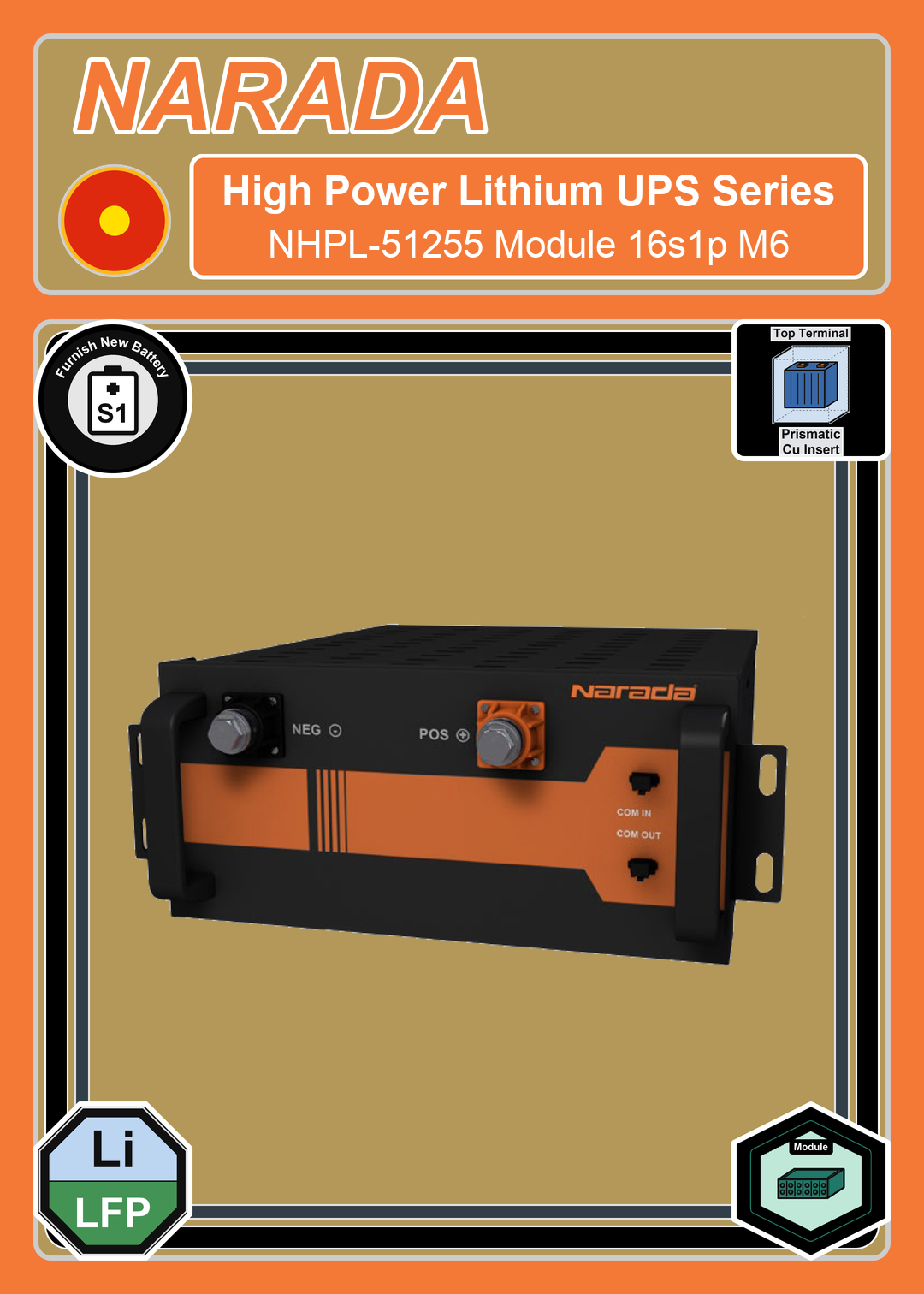 Furnish New Battery Narada High Power Lithium UPS Series NHPL 51255 Module 16s1p M6