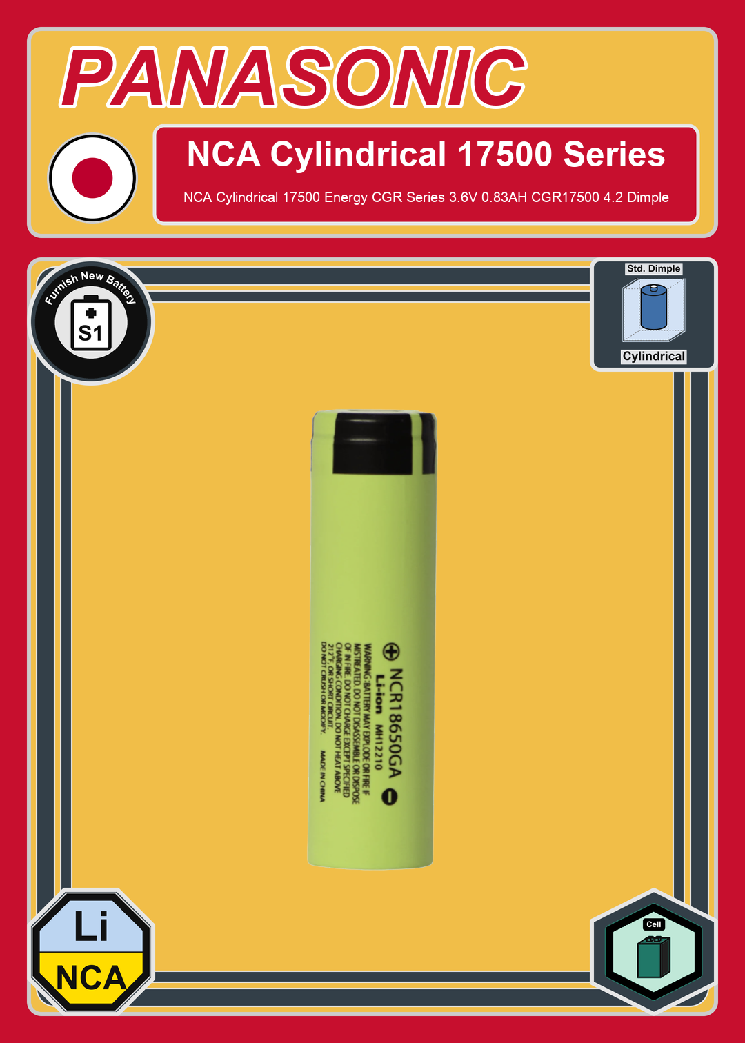 Furnish New Battery Panasonic NCA Cylindrical 17500 Energy CGR Series 3 6V 0 83AH CGR17500 4 2 Dimple