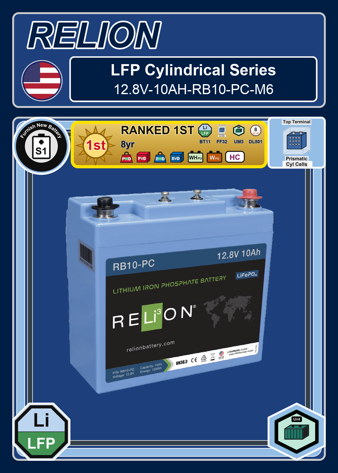 Furnish New Battery Relion LFP Cylindrical Series 12 8V 10AH RB10 PC M6