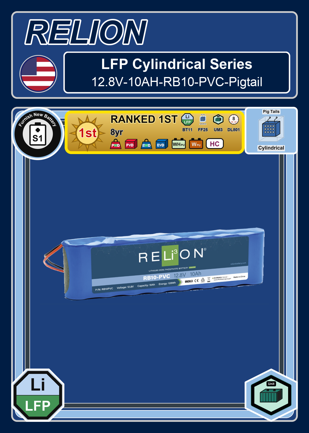 Furnish New Battery Relion LFP Cylindrical Series 12 8V 10AH RB10 PVC Pigtail