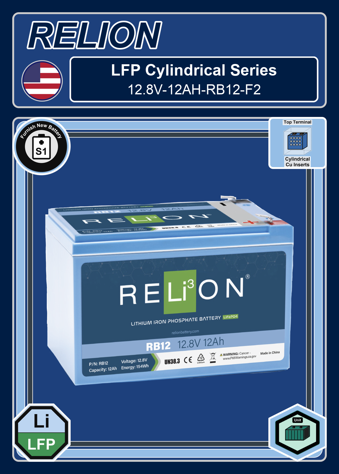 Furnish New Battery Relion LFP Cylindrical Series 12 8V 12AH RB12 F2