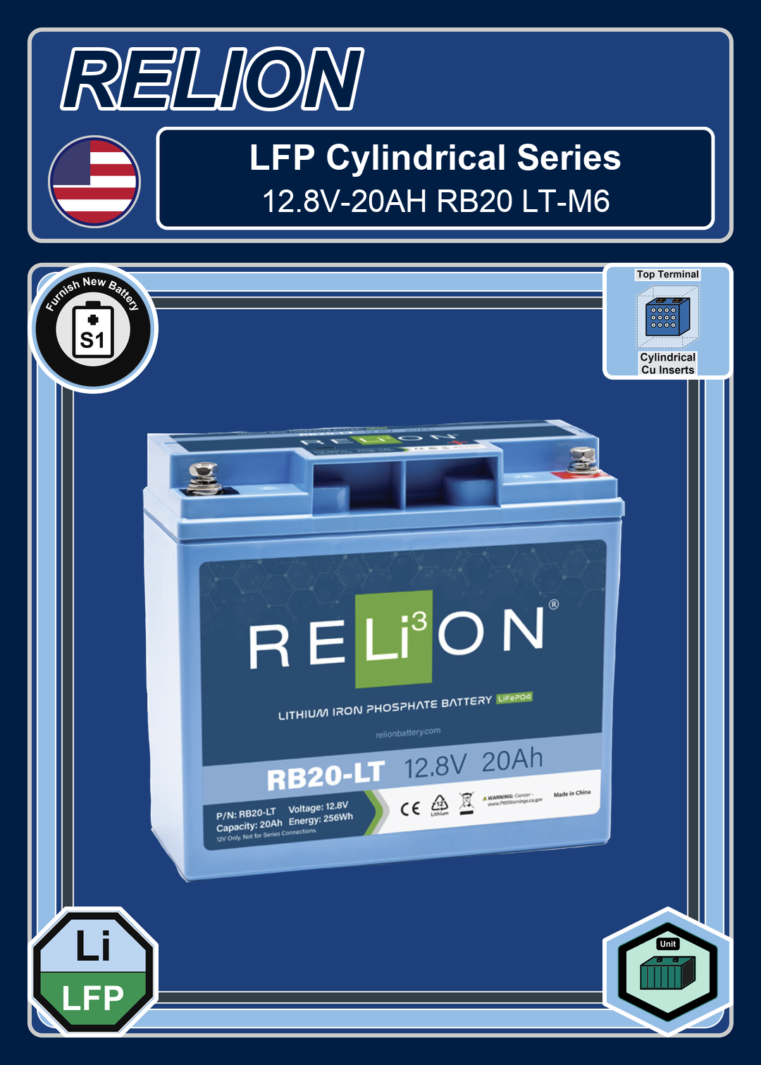 Furnish New Battery Relion LFP Cylindrical Series 12 8V 20AH RB20 LT M6