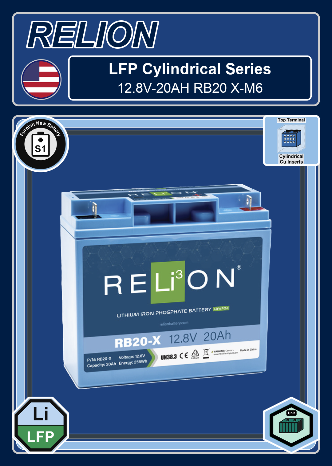Furnish New Battery Relion LFP Cylindrical Series 12 8V 20AH RB20 X M6