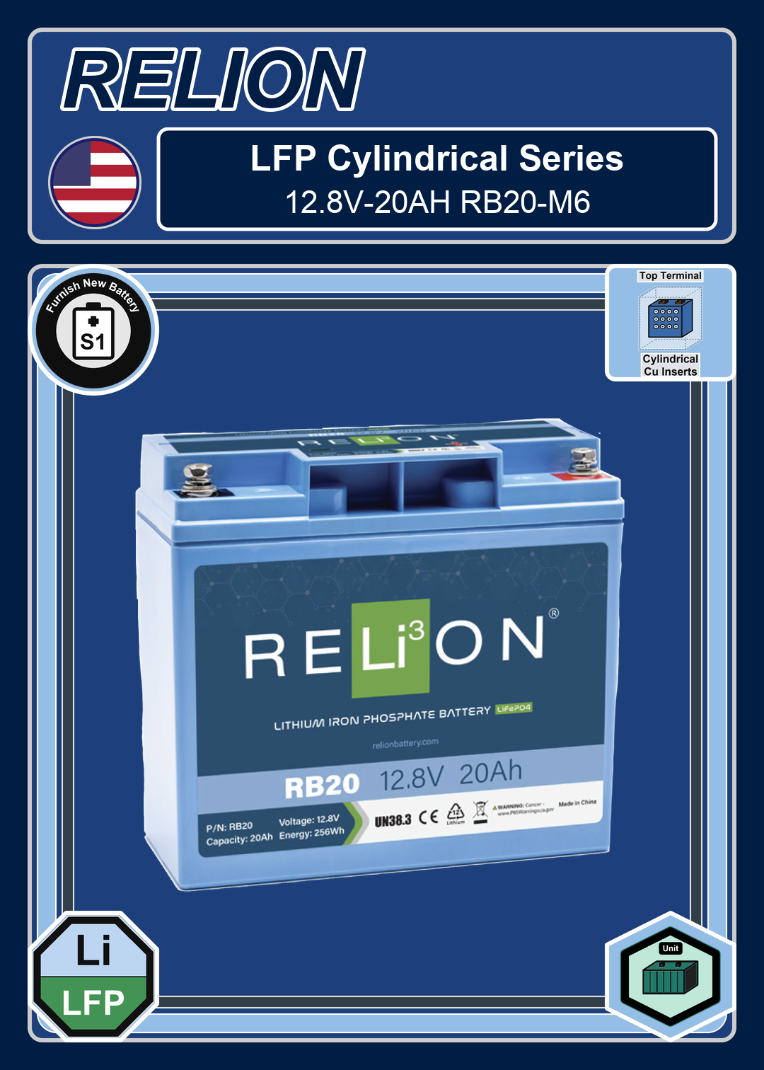 Furnish New Battery Relion LFP Cylindrical Series 12 8V 20AH RB20 M6
