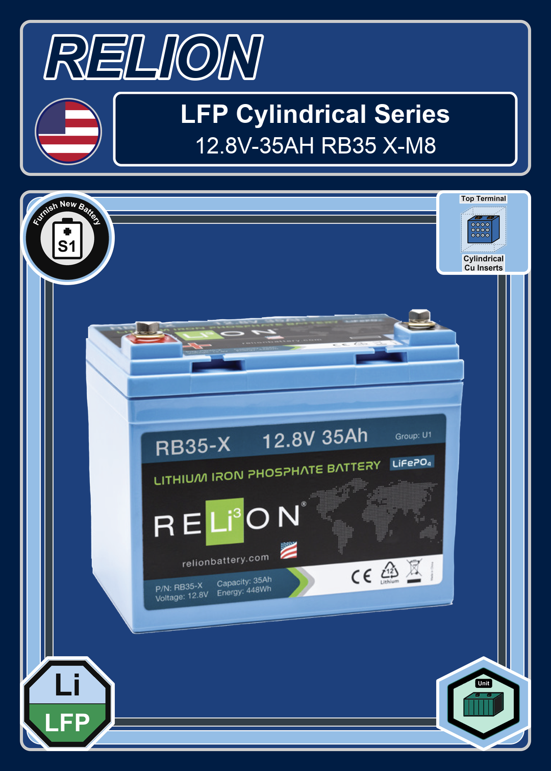 Furnish New Battery Relion LFP Cylindrical Series 12 8V 35AH RB35 X M8