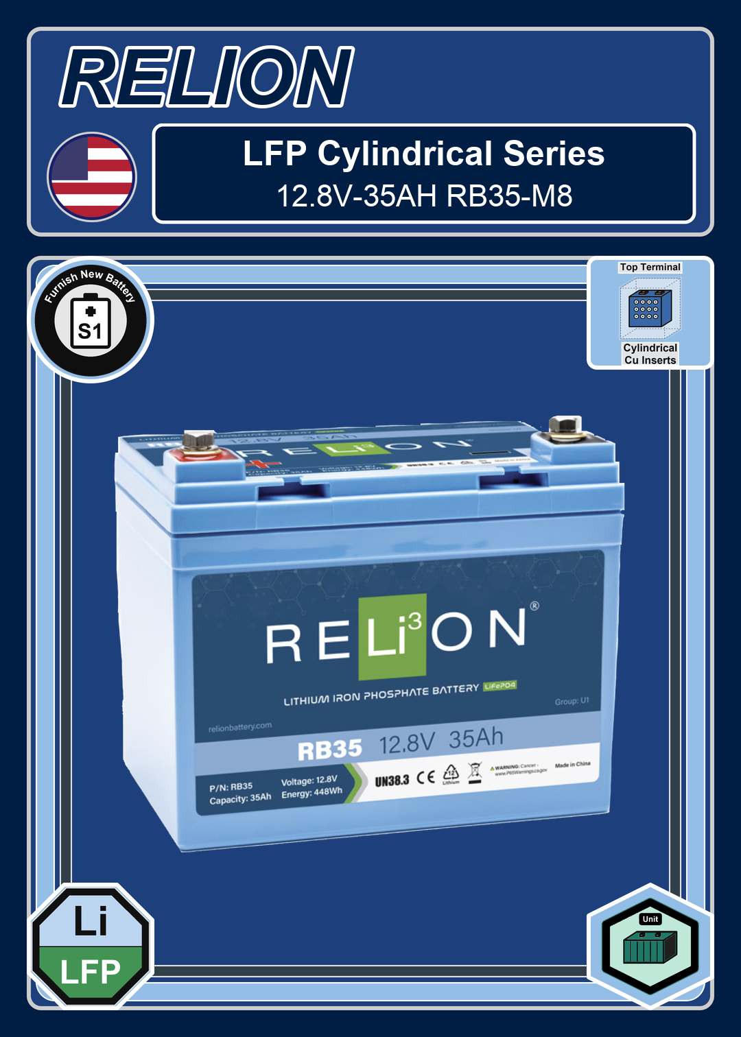 Furnish New Battery Relion LFP Cylindrical Series 12 8V 35AH RB35 M8