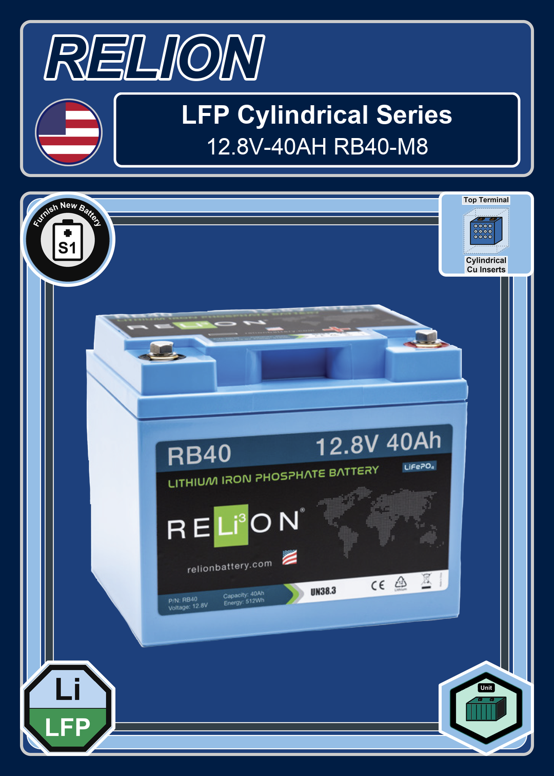 Furnish New Battery Relion LFP Cylindrical Series 12 8V 40AH RB40 M8