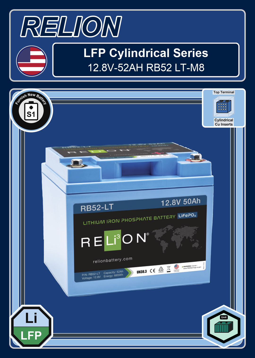 Furnish New Battery Relion LFP Cylindrical Series 12 8V 52AH RB52 LT M8