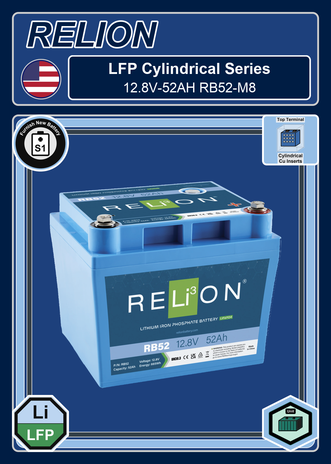 Furnish New Battery Relion LFP Cylindrical Series 12 8V 52AH RB52 M8