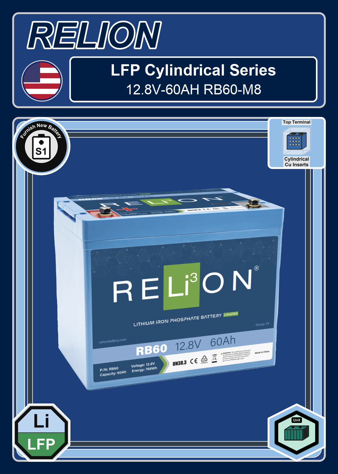 Furnish New Battery Relion LFP Cylindrical Series 12 8V 60AH RB60 M8
