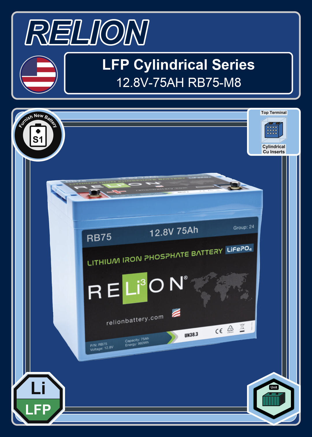 Furnish New Battery Relion LFP Cylindrical Series 12 8V 75AH RB75 M8